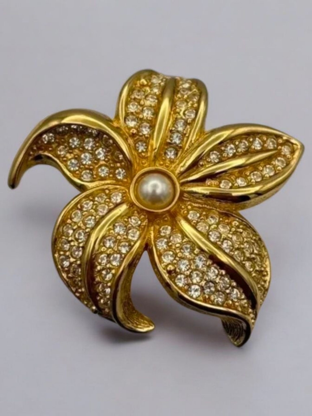 Dior Gold Plated Crystal Flower Brooch with Pearl Center - Picture 6 of 16